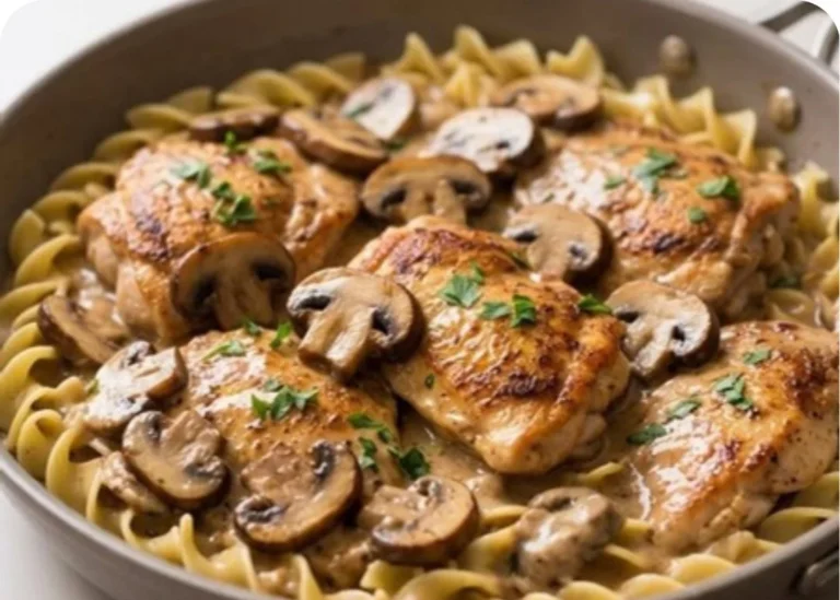 Delicious Chicken Stroganoff with velvety curdle-free gravy served on a plate