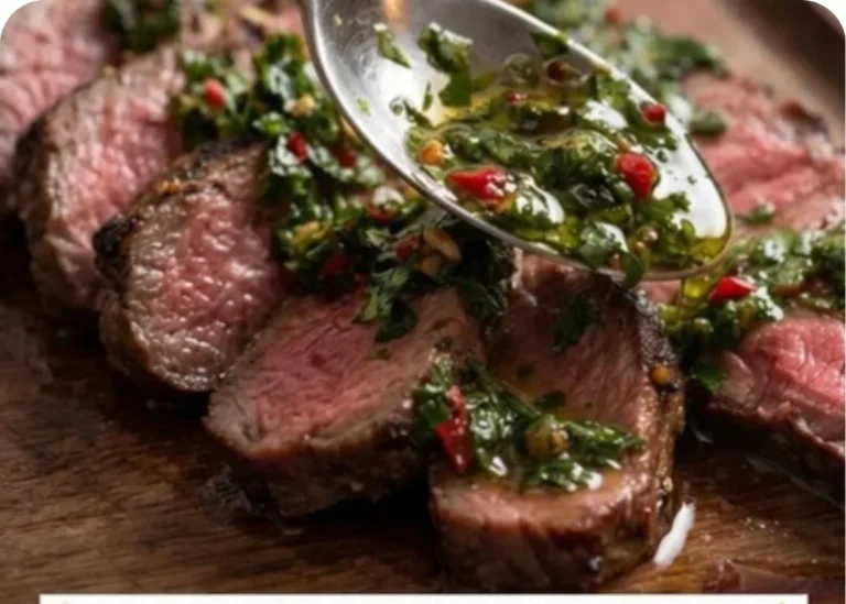 Delicious chimichurri steak served on a plate with vibrant sauce and sides.