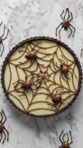 Chocolate Tart with an intricate spiderweb design on top