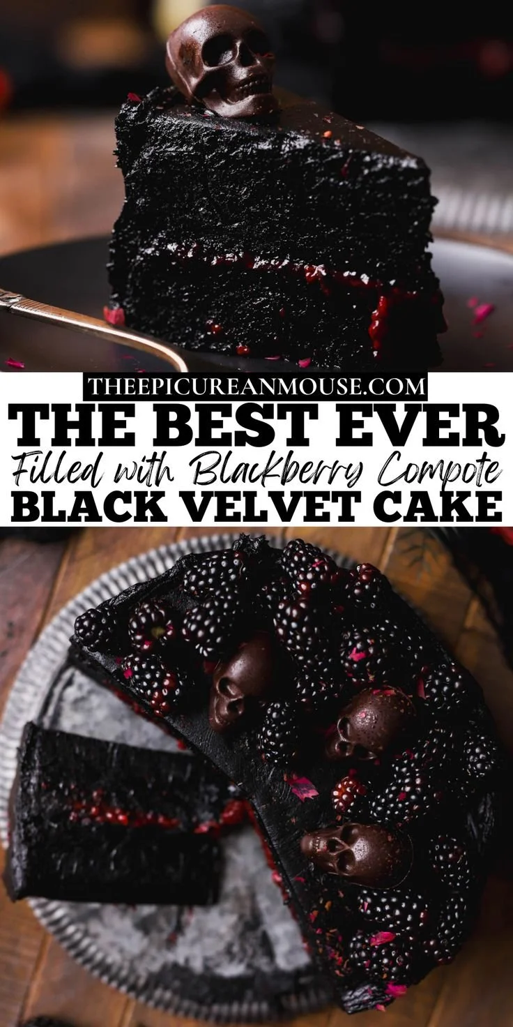 Ghoulish Black Velvet Cake with spooky decorations for Halloween