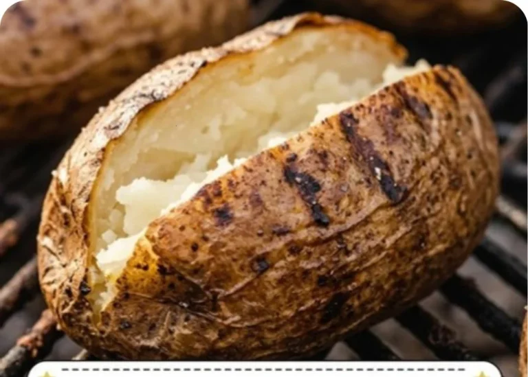 Grilled baked potatoes with crispy skins on a barbecue grill