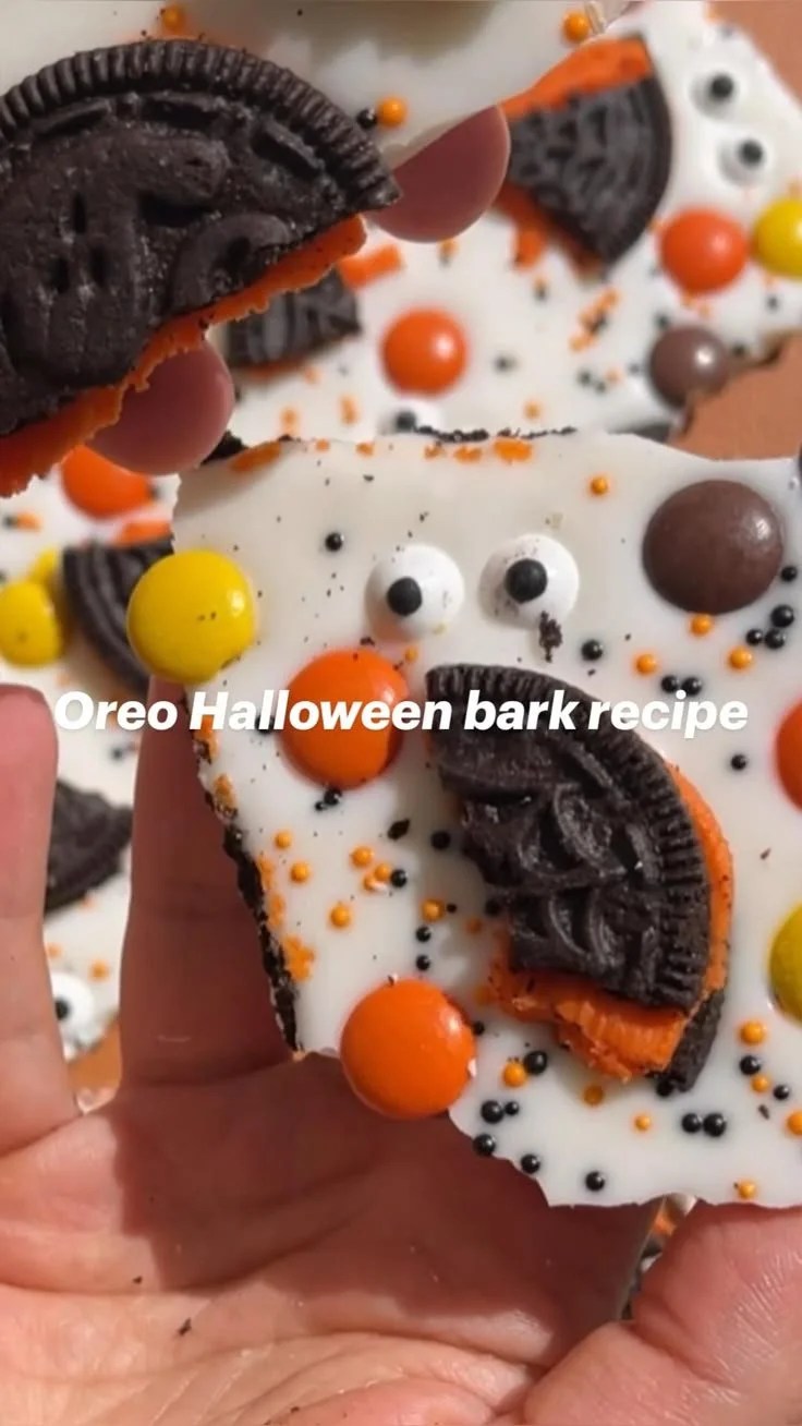 Delicious Halloween Oreo Bark topped with white chocolate and festive sprinkles