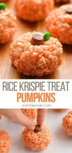 Delicious pumpkin-shaped Rice Krispie Treats decorated for Halloween