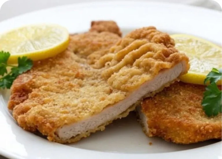 Schnitzel with a crisp rippled crust, plated and garnished