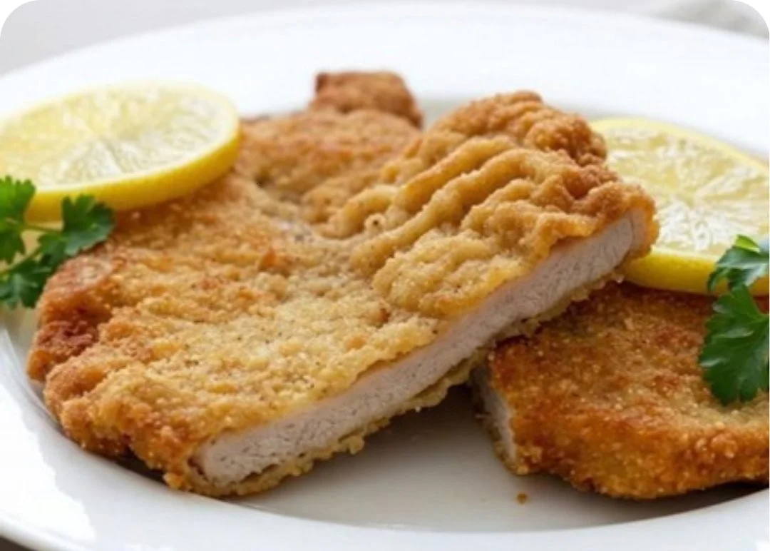 Schnitzel with a crisp rippled crust, plated and garnished