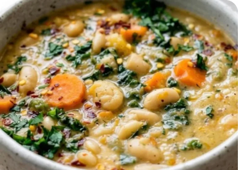 Delicious bowl of Tuscan White Bean Soup topped with herbs and spices.