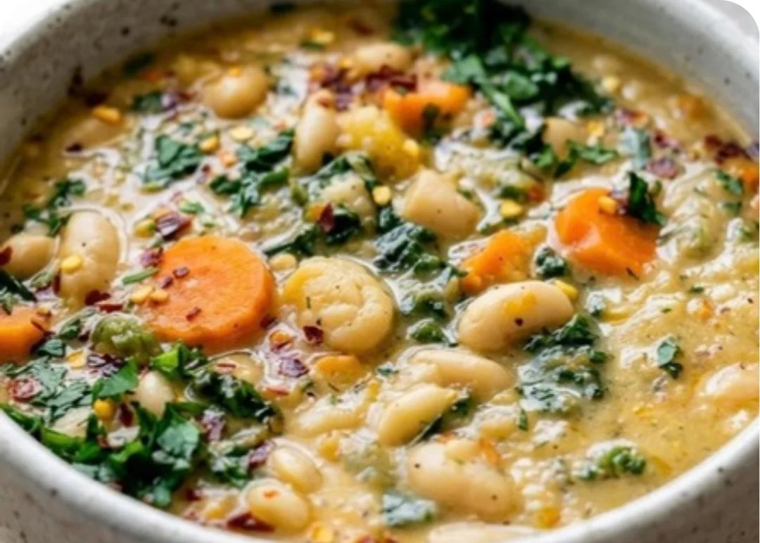 Delicious bowl of Tuscan White Bean Soup topped with herbs and spices.