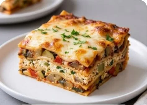 Slice of vegetable lasagna showcasing layers of fresh vegetables and cheese